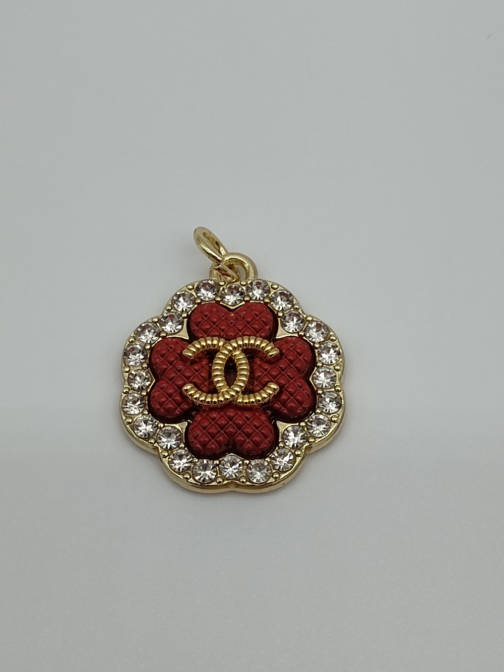 CHANEL Camellia Zipper Pull Charm Red Quilted Gold Rhinestone Accent Modern Era - Picture 3 of 6